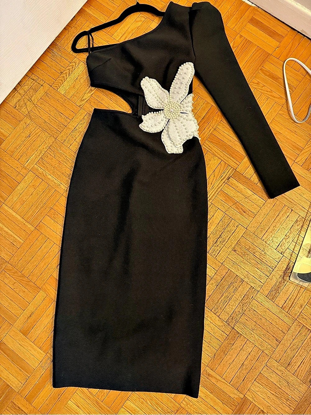 Mew Mews Beaded Flower Midi Dress in Black Size Small NWT